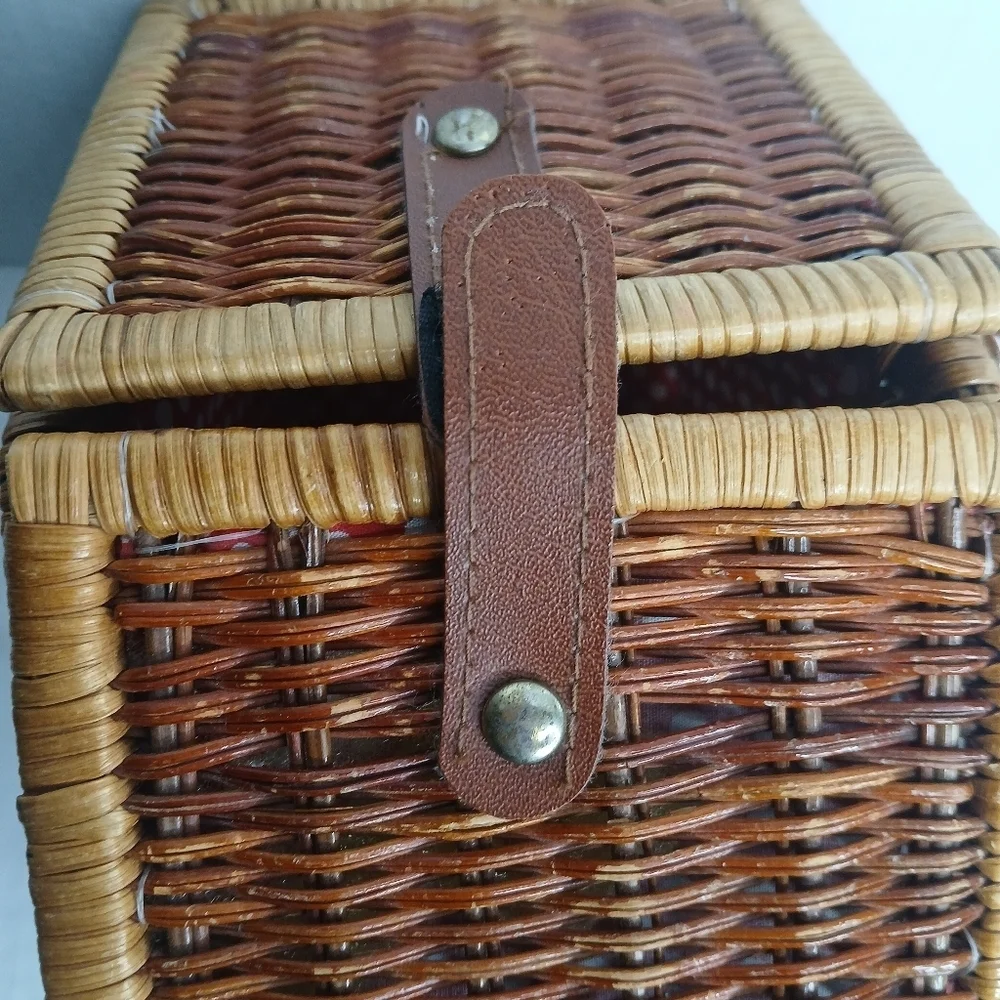 Woven Basket Wicker Leather-Look Velcro Strap Closure Red & White Polka Dot
